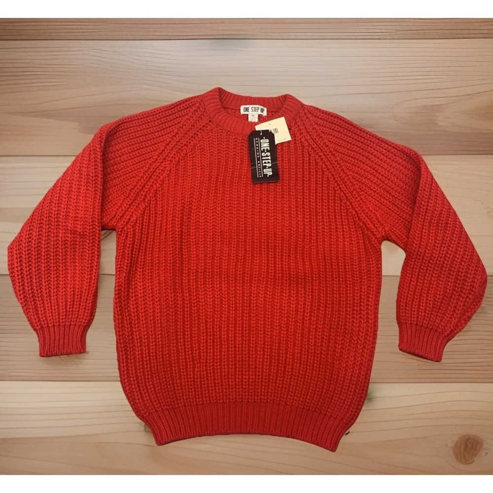 Vtg One Step Up Shaker Stitch Sweater Red Chunky Knit Fisherman Crewneck NWT M